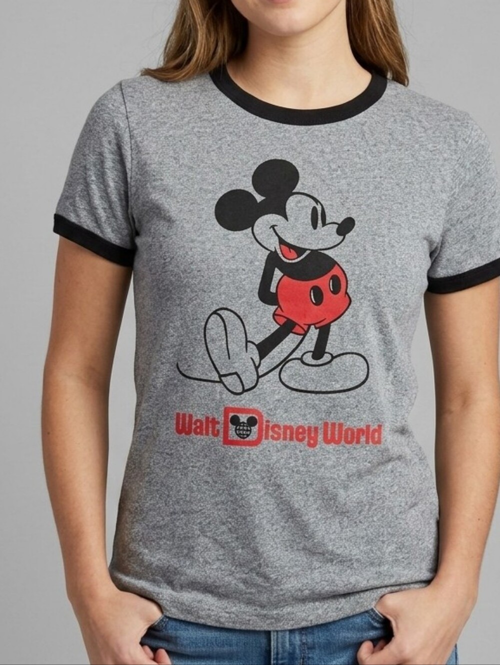Classic Disney Walt Disney World Mickey Mouse Gray Ringer Shirt Womens Large NWT